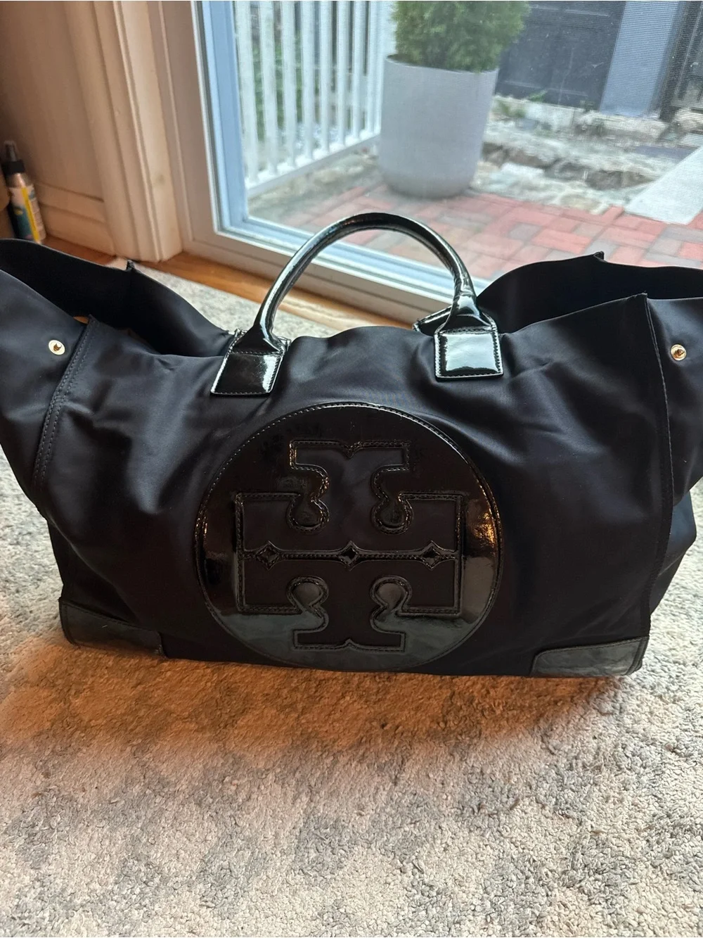 Tory Burch Black Nylon Tote with Patent Logo